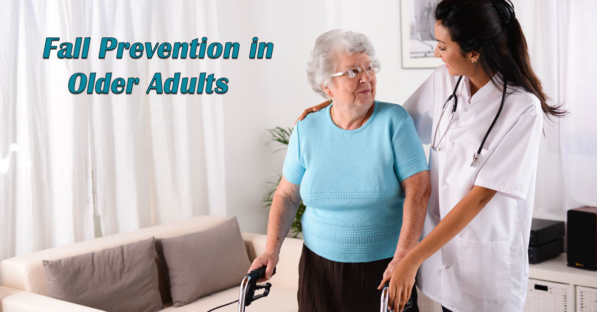 Fall Prevention in Older Adults. Picture of an elderly caucasian female being assisted with her walker by a young caucasian female physical therapist.